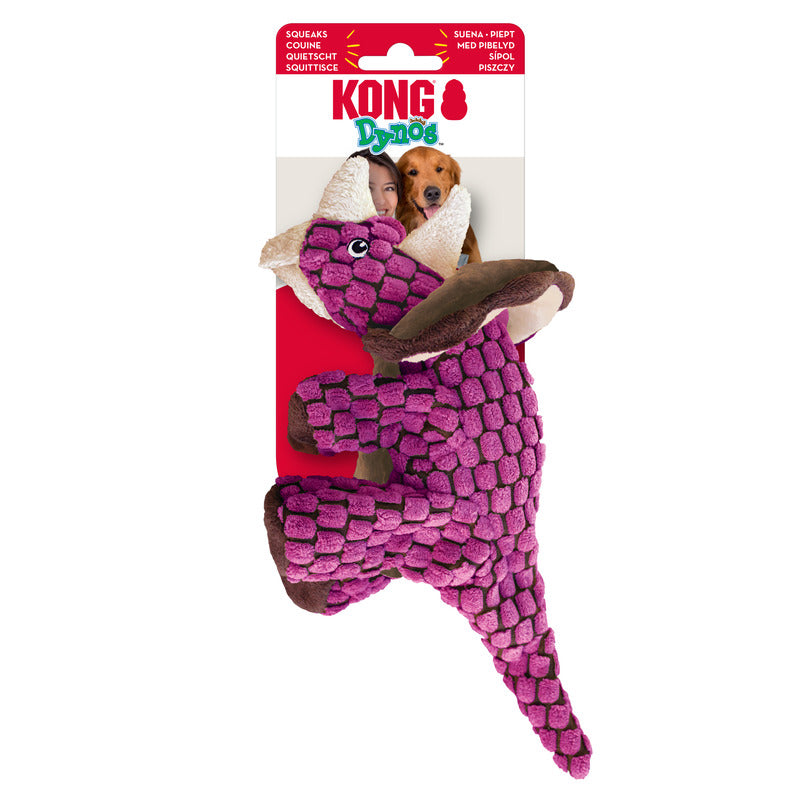 KONG Dynos Triceratops Pink - Squeaky, Crinkly, Plush Cuddle Toy for Dogs