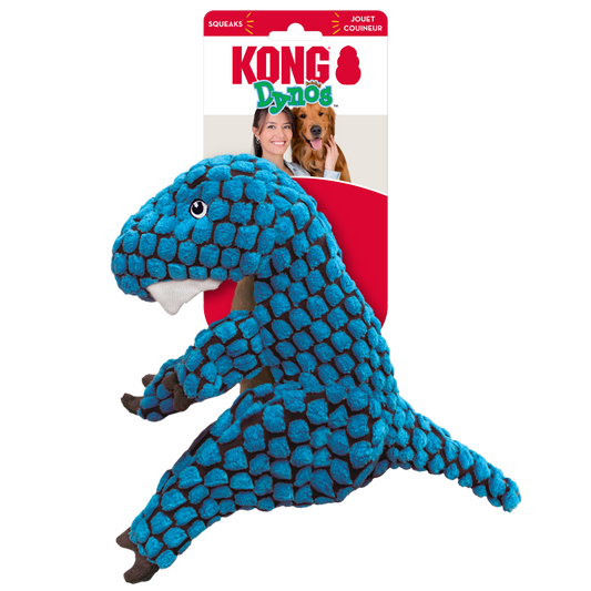 KONG Dynos T-Rex Blue - Squeaky, Crinkly, Plush Cuddle Toy for Dogs