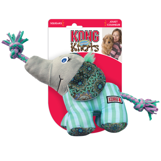 KONG Knots Carnival Elephant - Squeaky, Low Stuffing, Plush Cuddle Toy for Dogs